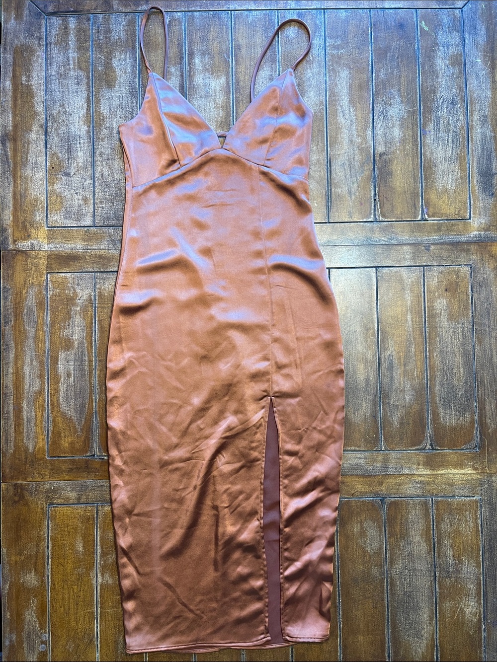 Satin Slip Midi Dress in Rose Gold with Spaghetti Straps